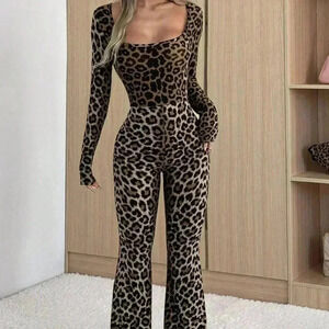 Multicolor Casual Women's Leopard Print Square Neck Long Sleeve Flared Jumpsuit